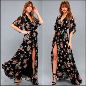 Lulu's Black Floral Wrap Maxi Dress